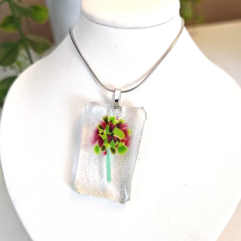 Colorful sculptured flower pendant OOAK handmade fused glass jewelry + necklace